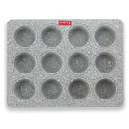 HAZEL Aluminium Non Stick Muffin Tray – 12 Cups (Grey) shown from underneath.
