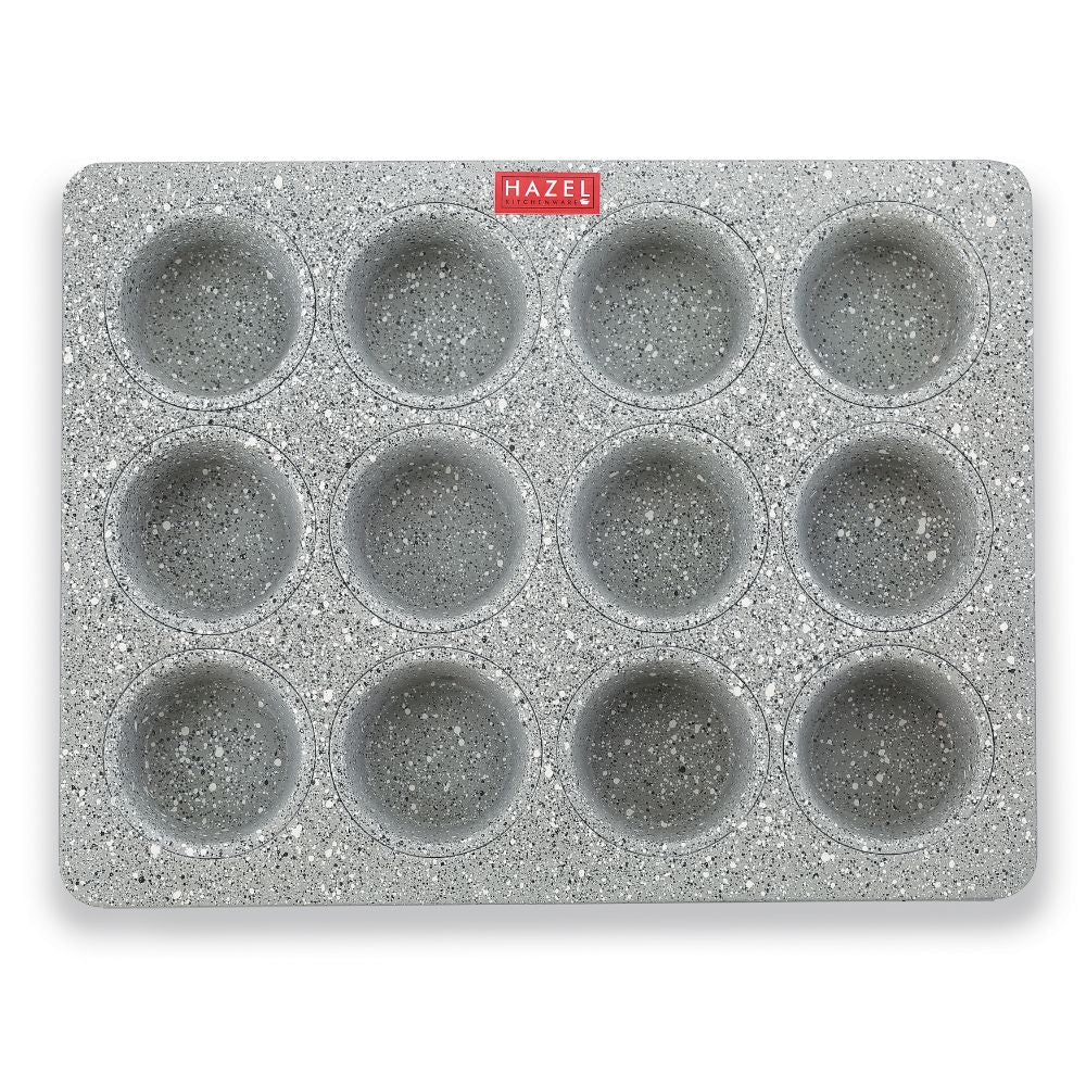 HAZEL Aluminium Non Stick Muffin Tray – 12 Cups (Grey) shown from underneath.