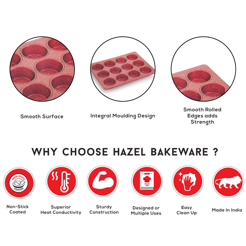HAZEL Aluminium Non Stick Muffin Tray – 12 Cups (Red)
