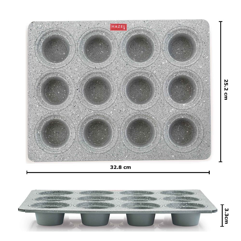 Empty muffin tray shown from top and side with annotated dimensions of 25.2 cm by 32.8 cm and 3.3 cm depth.