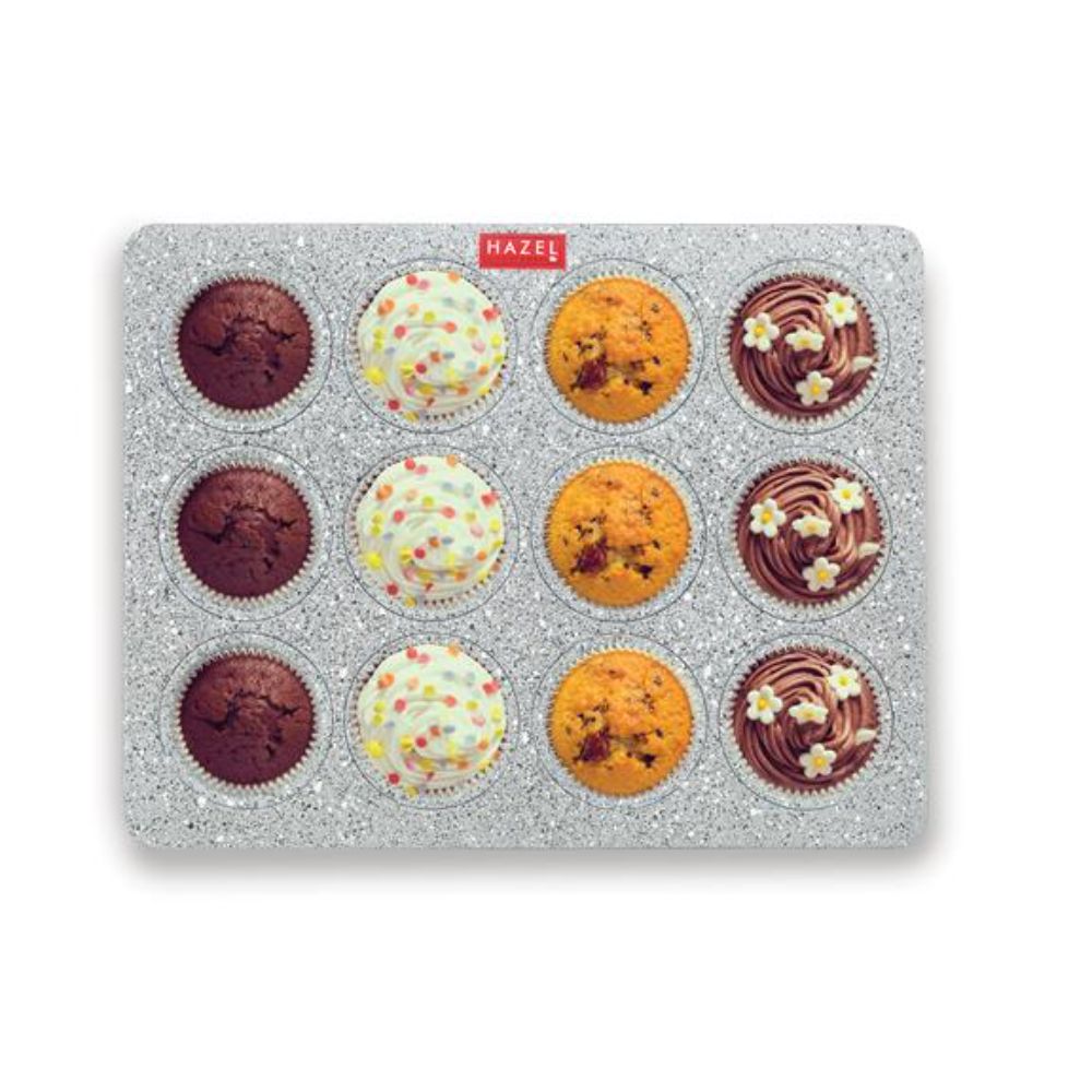 HAZEL Aluminium Muffin Tray – 12 Cups (Grey) — shown with product details