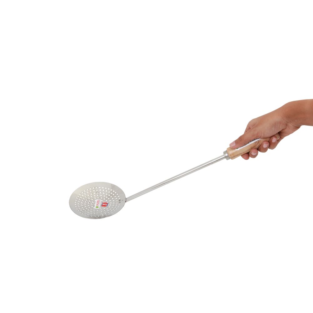 Stainless Steel Frying Jhara – Wooden Handle, 46cm