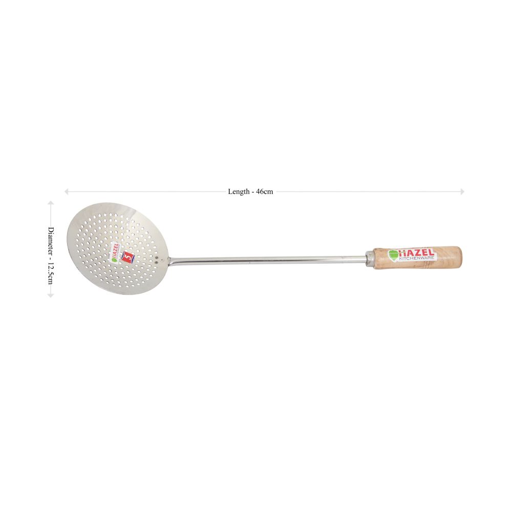 Stainless Steel Frying Jhara – Wooden Handle, 46cm