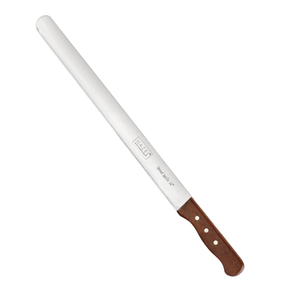 Steel Bread Knife with Wooden Handle – 14 Inch in an angled product photograph.