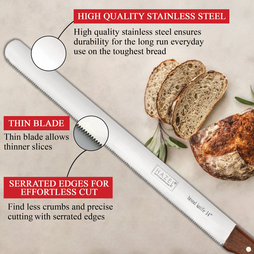 Steel Bread Knife with Wooden Handle – 14 Inch shown from above.