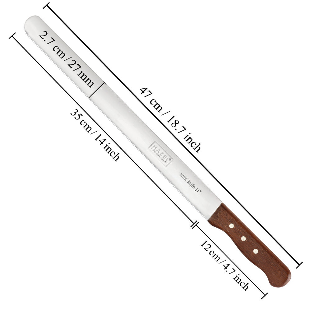 Steel Bread Knife with Wooden Handle – 14 Inch with dimension labels.