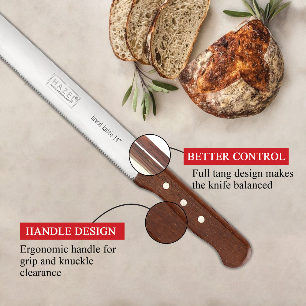 Steel Bread Knife with Wooden Handle – 14 Inch with feature callouts.