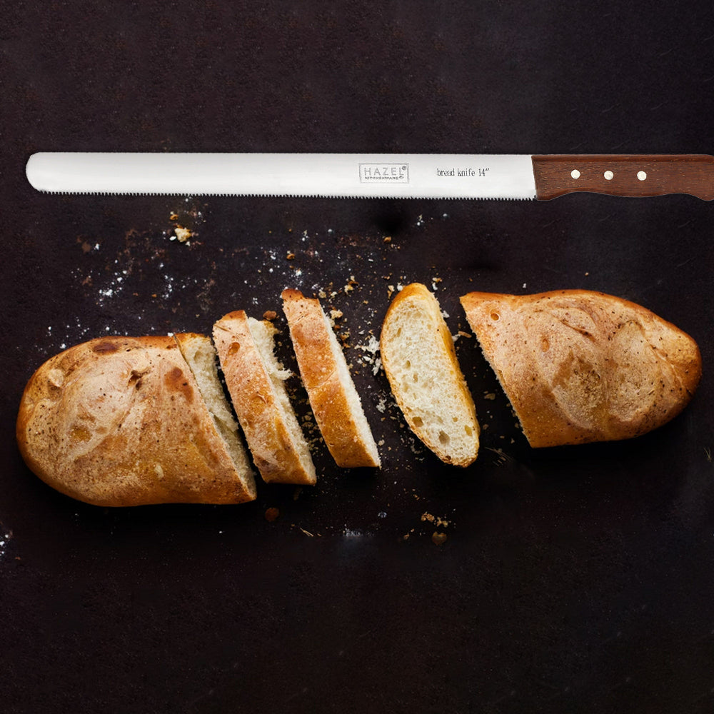 Steel Bread Knife with Wooden Handle – 14 Inch shown in a serving setup.