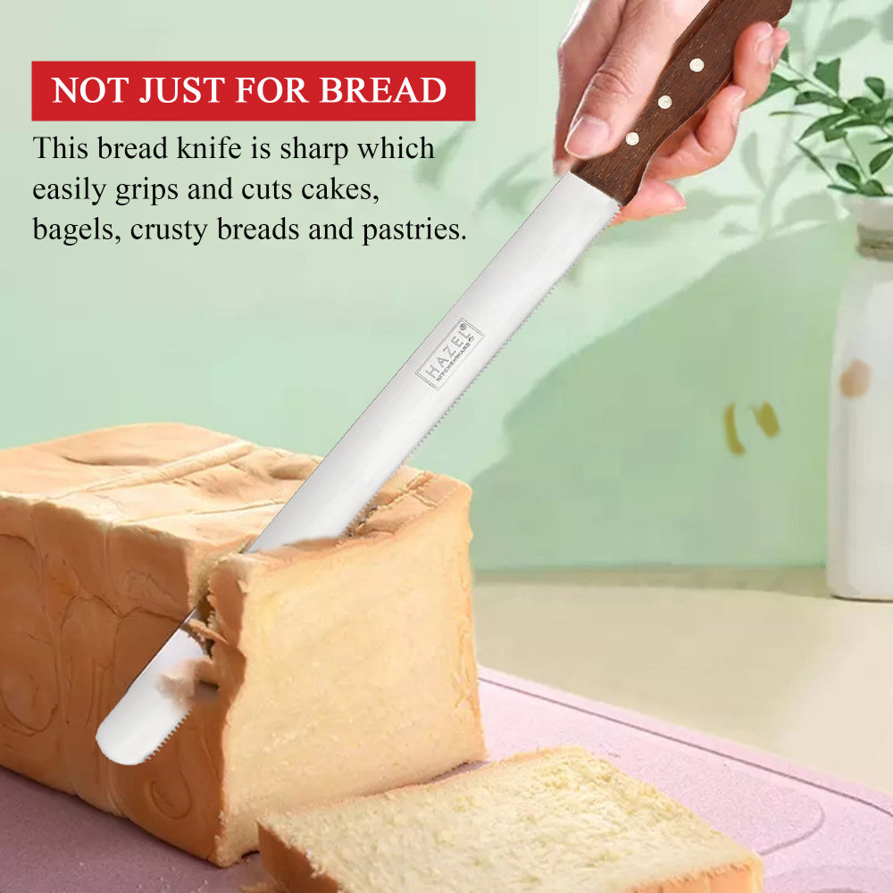 Steel Bread Knife with Wooden Handle – 14 Inch shown from the side.