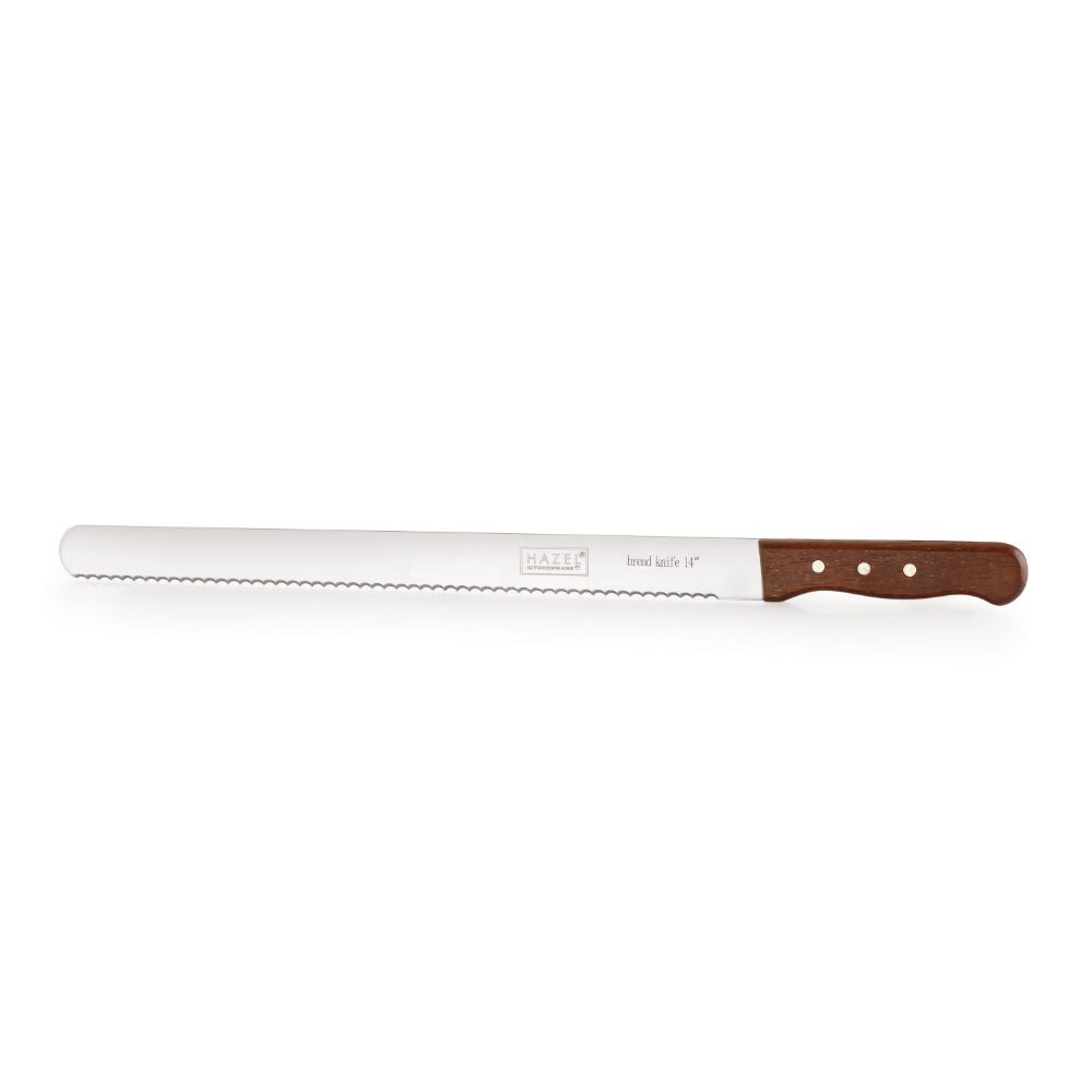 A single serrated bread knife with wooden handle, shown alone on a white background.