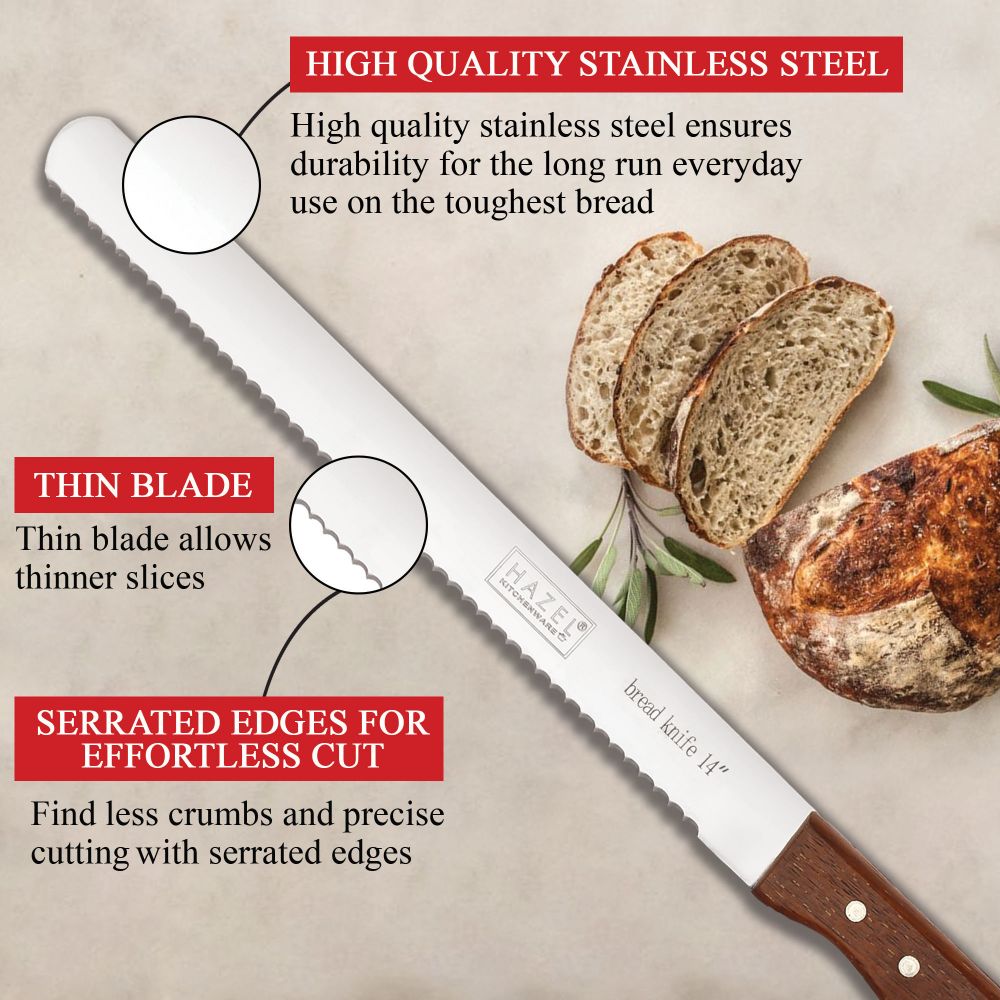 Graphic with red text callouts labeling the knife's high quality stainless steel, thin blade, and serrated edges