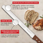 Graphic with red text callouts labeling the knife's high quality stainless steel, thin blade, and serrated edges