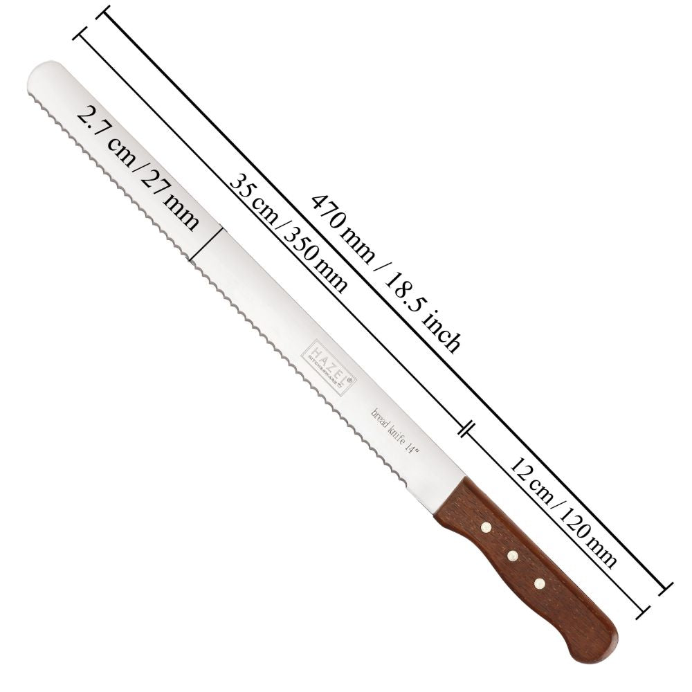 The knife annotated with blade width (2.7 cm), blade length (35 cm), handle length (12 cm)