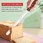 A hand uses the bread knife to slice a loaf of bread, with a 'NOT JUST FOR BREAD' red banner and plant in the background.