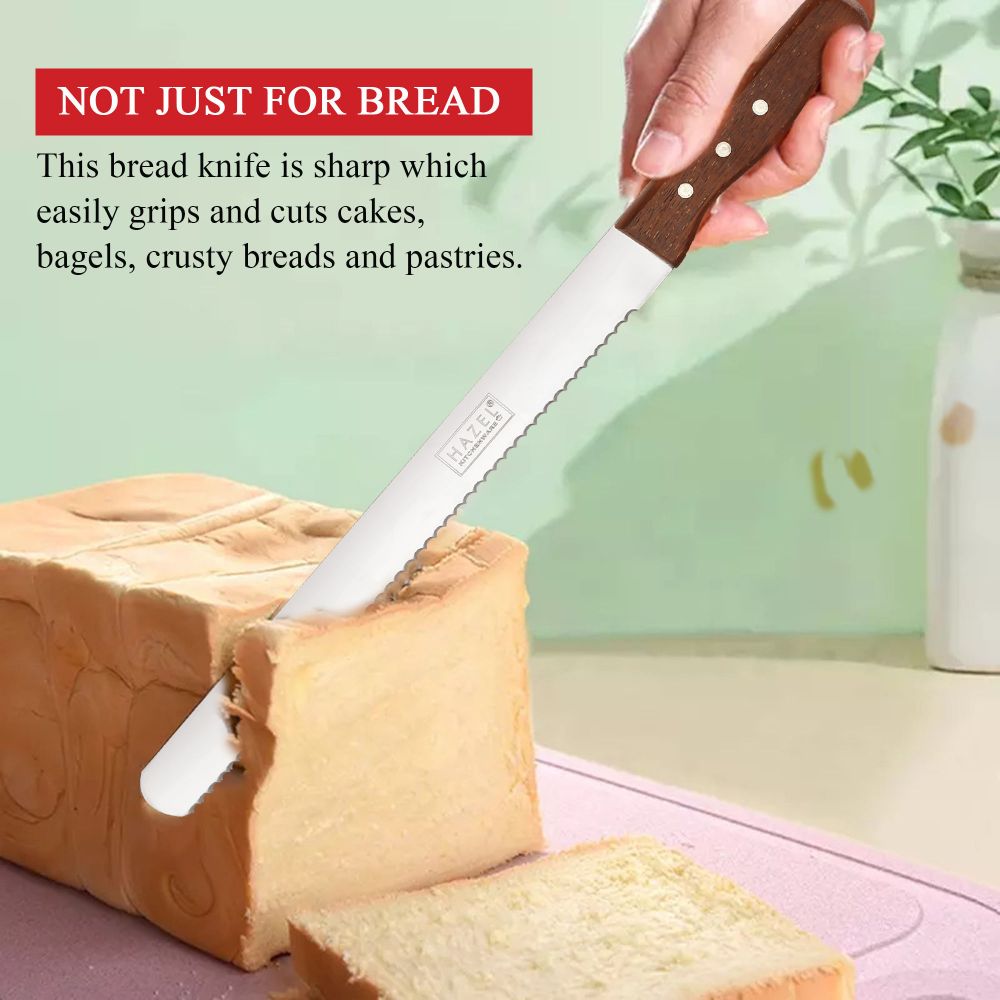 A hand uses the bread knife to slice a loaf of bread, with a 'NOT JUST FOR BREAD' red banner and plant in the background.