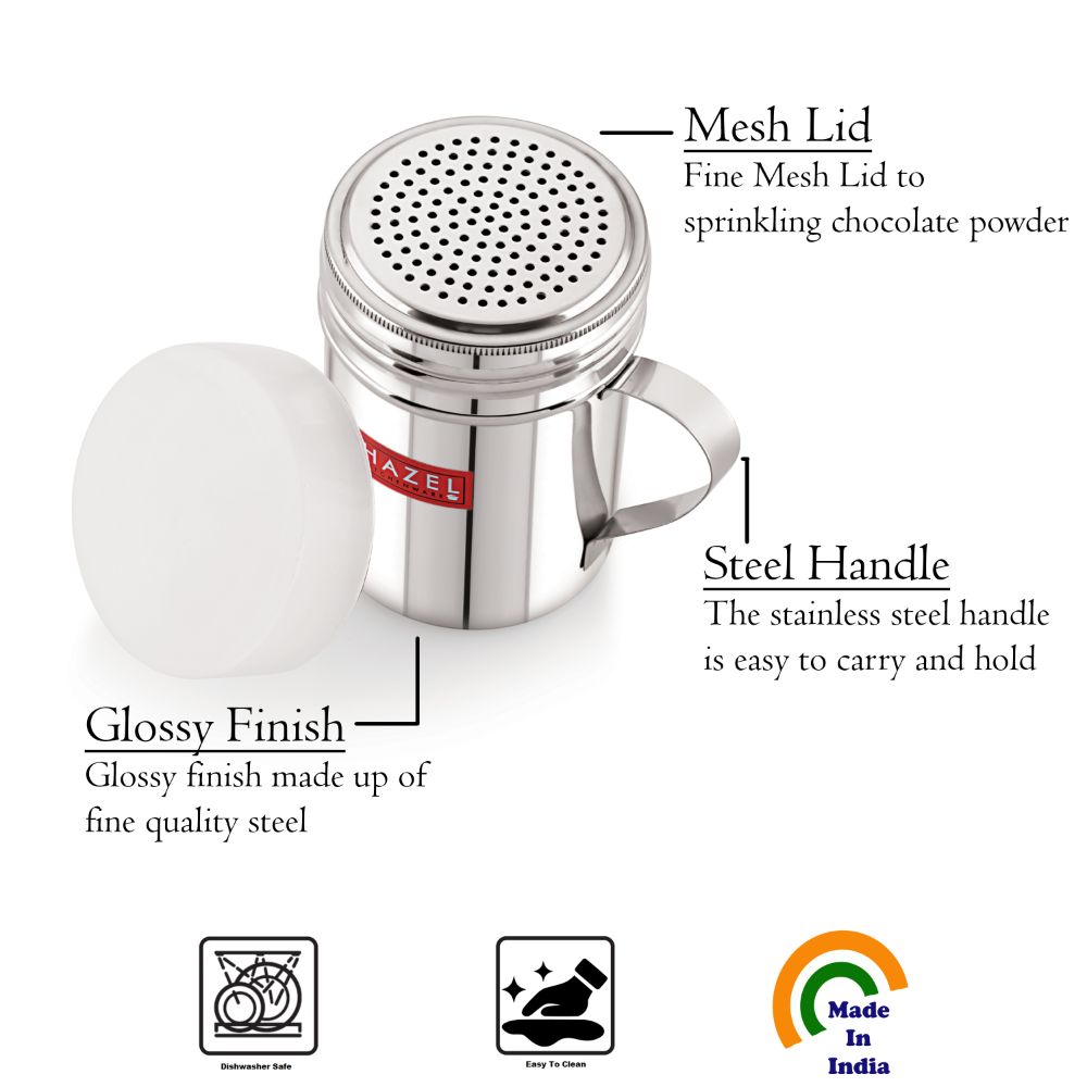Stainless Steel Powder Shaker with Handle and Plastic Lid – 310 ML