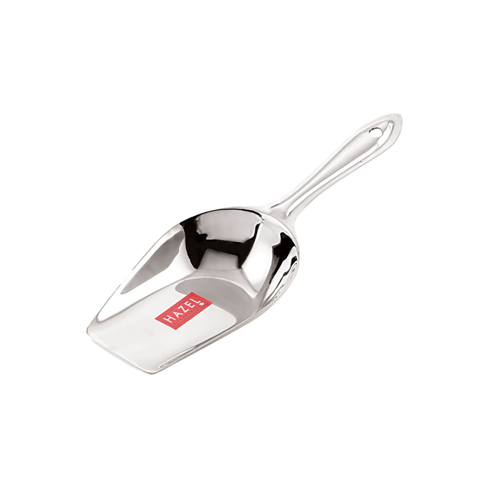 A single stainless steel flour scoop shown at a diagonal angle on a white background.