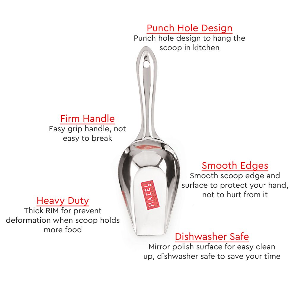 Marketing graphic with callouts for punch hole design, firm handle, heavy duty rim, smooth edges, and dishwasher safe finish.