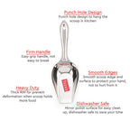 Marketing graphic with callouts for punch hole design, firm handle, heavy duty rim, smooth edges, and dishwasher safe finish.