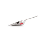 A single stainless steel flour scoop shown in profile lying nearly flat on a white background.