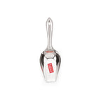 A single stainless steel flour scoop shown standing upright on a white background.