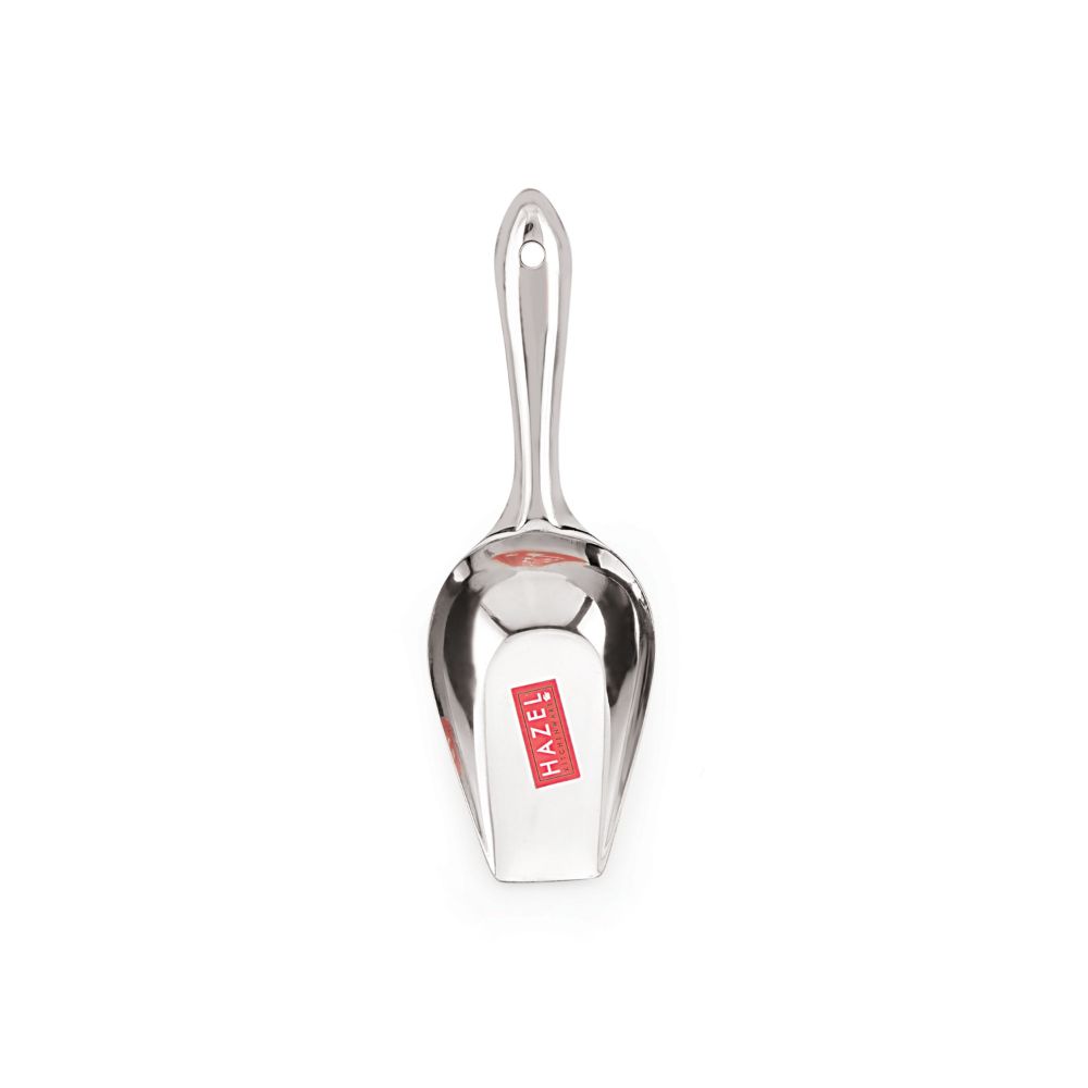 A single stainless steel flour scoop shown standing upright on a white background.