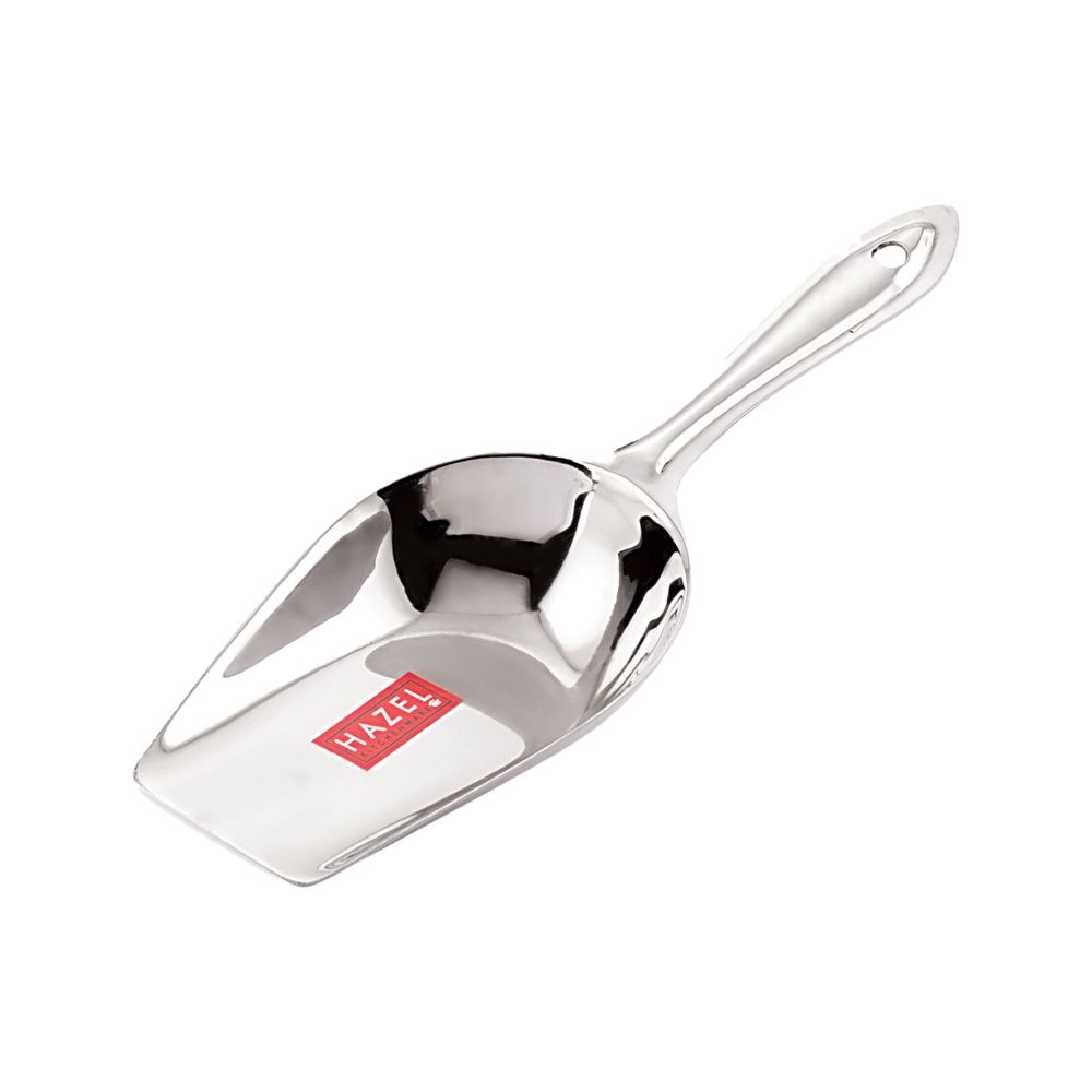 Single empty steel flour scoop shown at an angle on a plain white background.