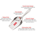 Infographic describing punch hole design, firm handle, smooth edges, dishwasher safety