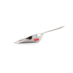 Steel flour scoop shown from a low front angle emphasizing its scoop edge, on white background.