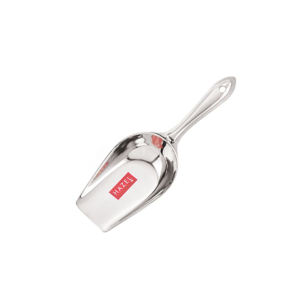 Single empty steel flour scoop shown at a different angle on a plain white background.