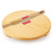 Round wooden polpat (chakla) with rolling pin (belan) laid diagonally across it, viewed from above.