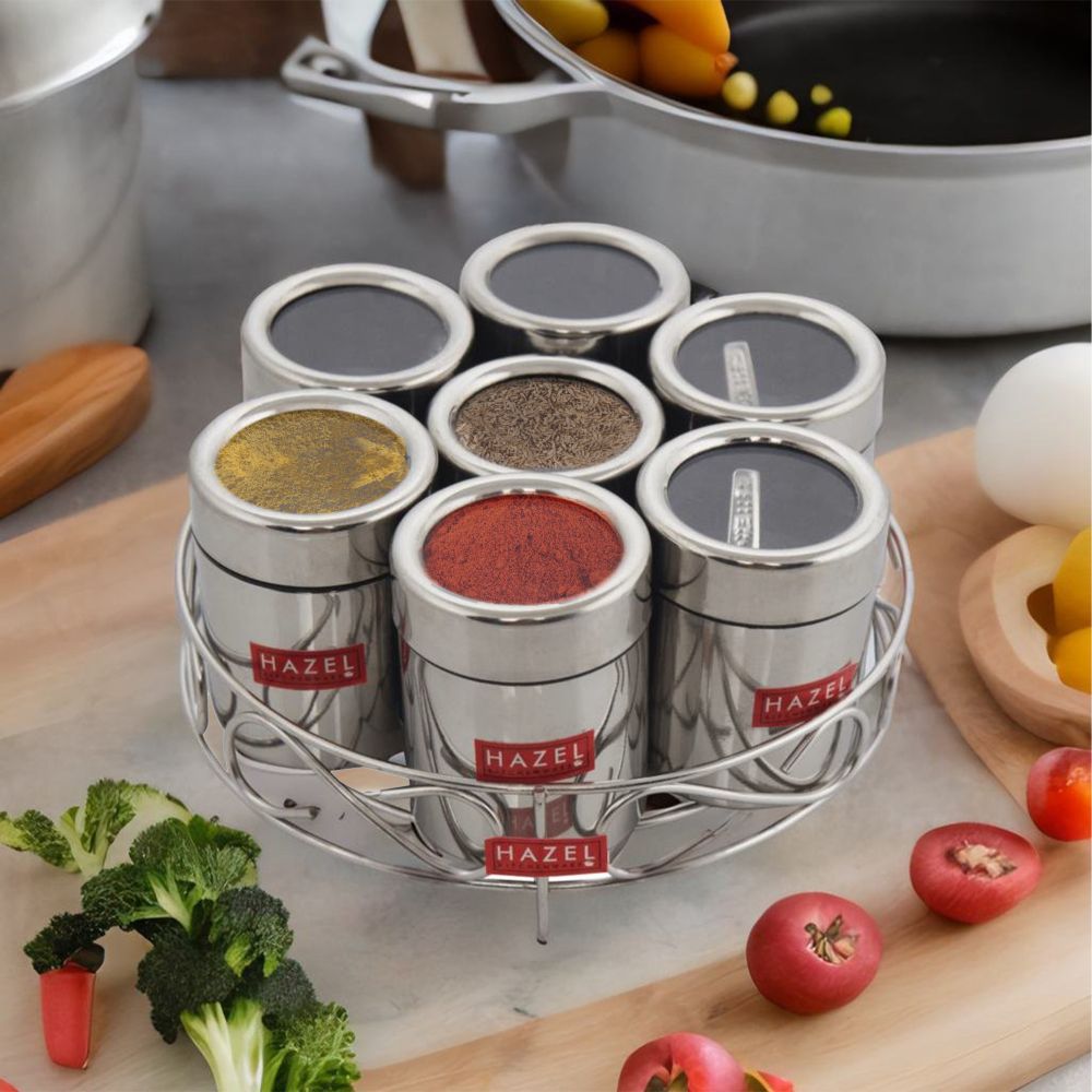 Stainless Steel Masala Container with Transparent Lid, 7 pcs
