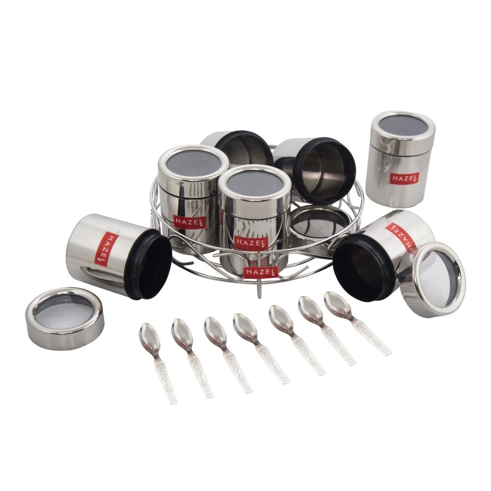 Stainless Steel Masala Container with Transparent Lid, 7 pcs