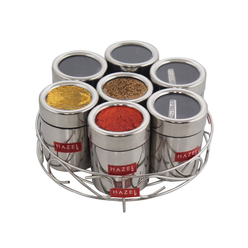 Stainless Steel Masala Container with Transparent Lid, 7 pcs