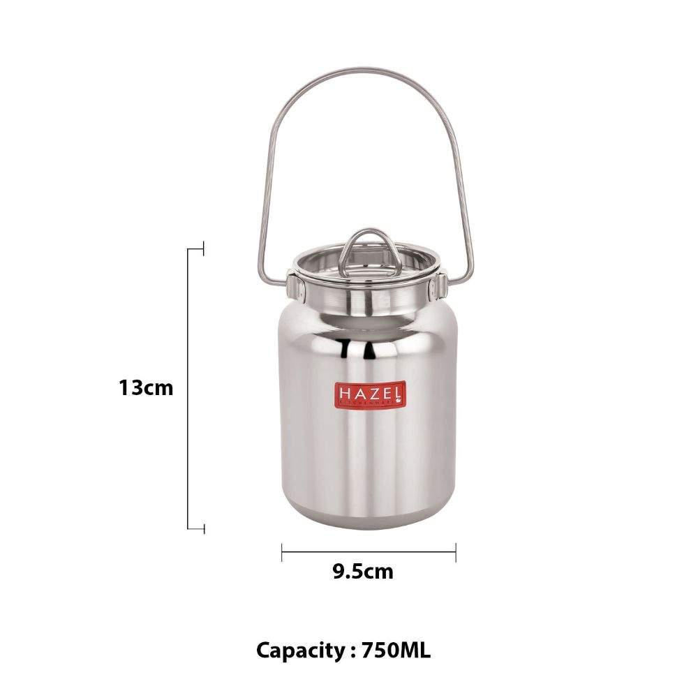 Oil pot annotated with 13 cm height, 9.5 cm diameter, and 750 ML capacity dimension callouts.