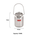 Oil pot annotated with 13 cm height, 9.5 cm diameter, and 750 ML capacity dimension callouts.