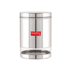 A single transparent-window steel storage container shot straight-on with lid closed, on a plain white background.