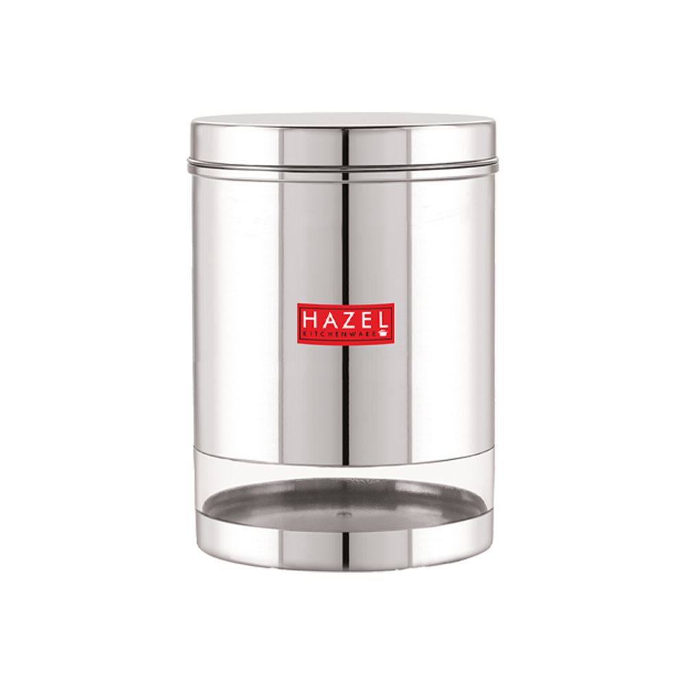 A single transparent-window steel storage container shot straight-on with lid closed, on a plain white background.