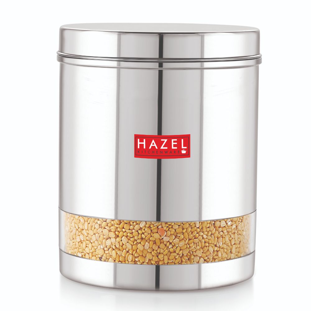 A single container filled with yellow split lentils, lid closed, on a plain white background.