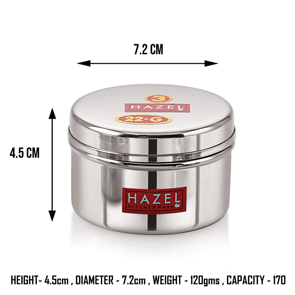 Stainless Steel Mini Containers for Kitchen Spices, Set of 3 - 50, 100 & 150 ML