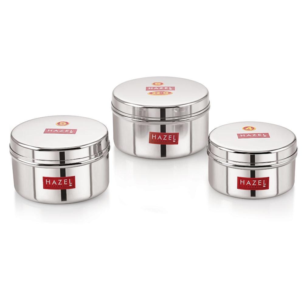 Stainless Steel Mini Containers with Airtight Lid, Set Of 3 - 250, 300 & 350 ML