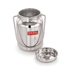 Stainless steel oil and ghee airtight container with lid closed and carry handle raised