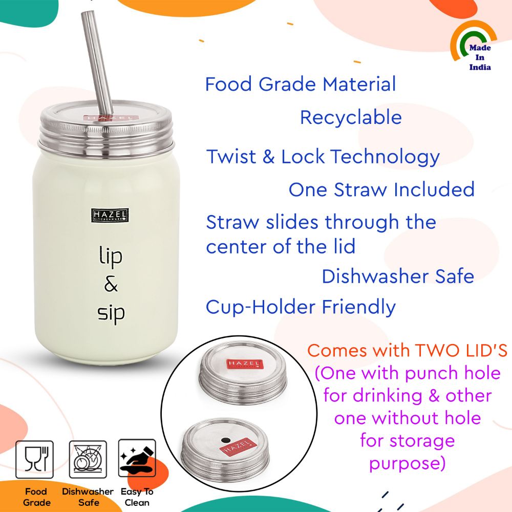 Steel Sipper Jar with 2 Lids and Steel Straw– 700 ML