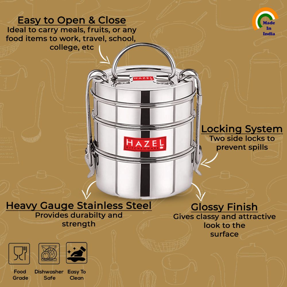 Stainless Steel 3 Tier Tiffin Dabba With Locking Clip (420, 450, 520ML)