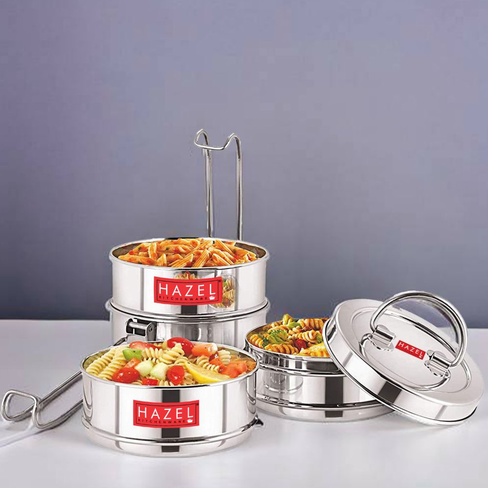 Stainless Steel 4 Tier Tiffin Dabba With Locking Clip (420, 450, 450, 520ML)