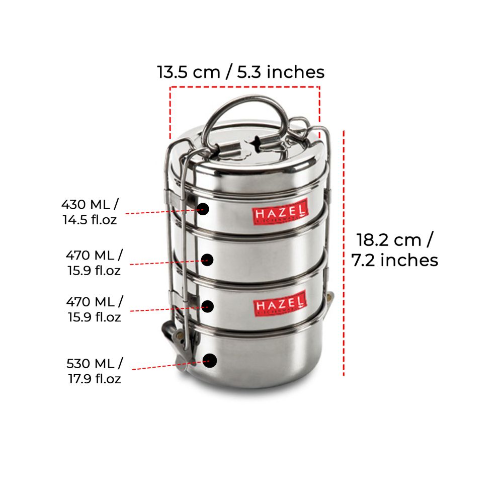 Stainless Steel 4 Tier Tiffin Dabba With Locking Clip (420, 450, 450, 520ML)
