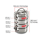 Stainless Steel 4 Tier Tiffin Dabba With Locking Clip (420, 450, 450, 520ML)