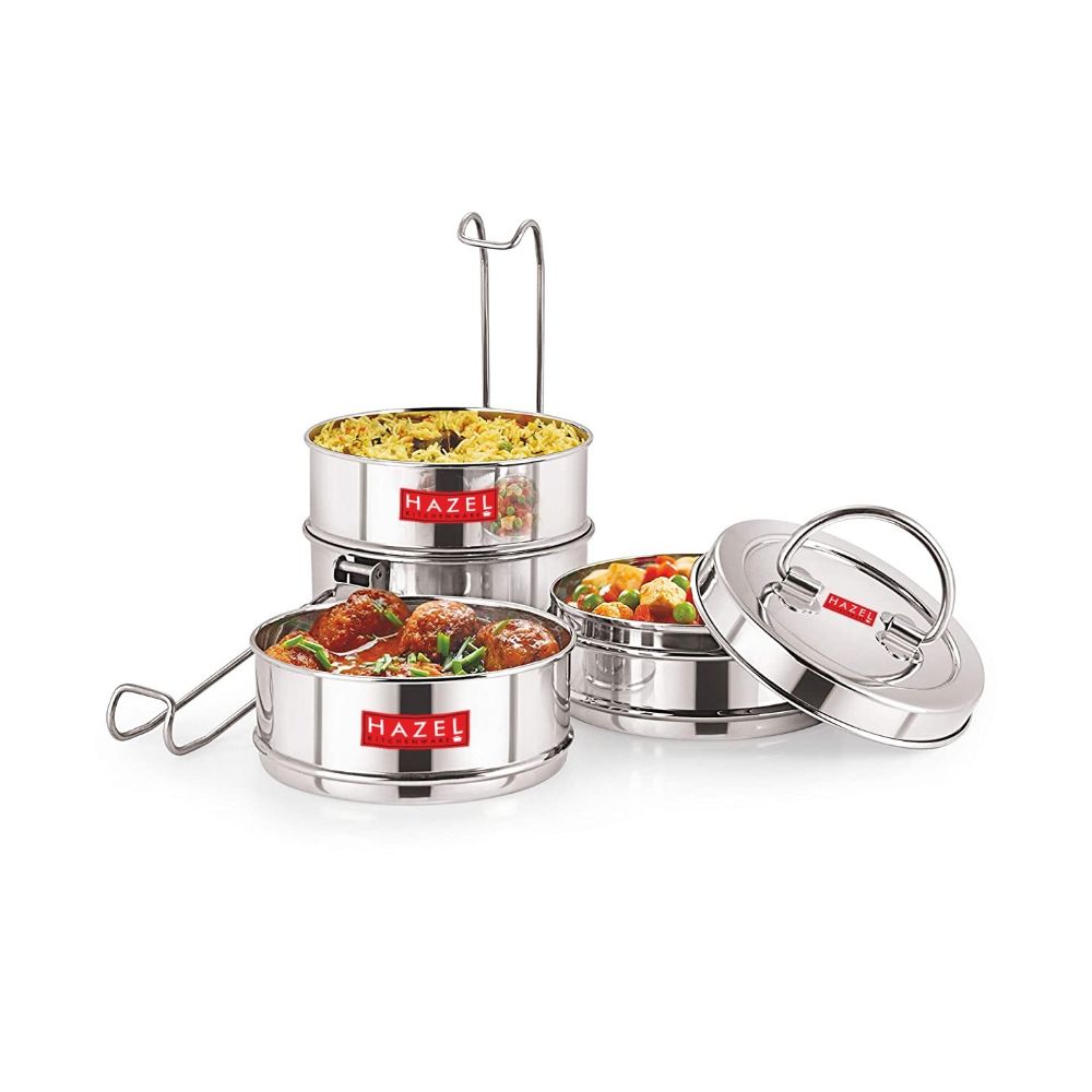 Stainless Steel 4 Tier Tiffin Dabba With Locking Clip (420, 450, 450, 520ML)