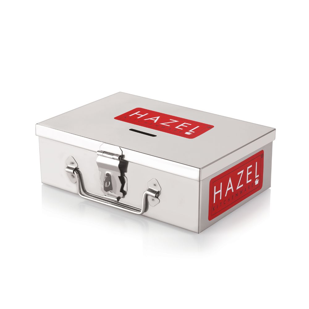 A closed stainless steel cash box with front clasp lock and red HAZEL branding, shown on a plain white background.