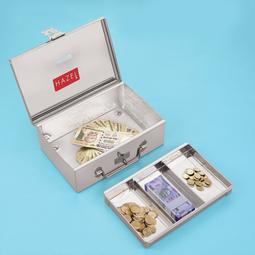Stainless Steel Cash Box With 4 Compartments - Medium